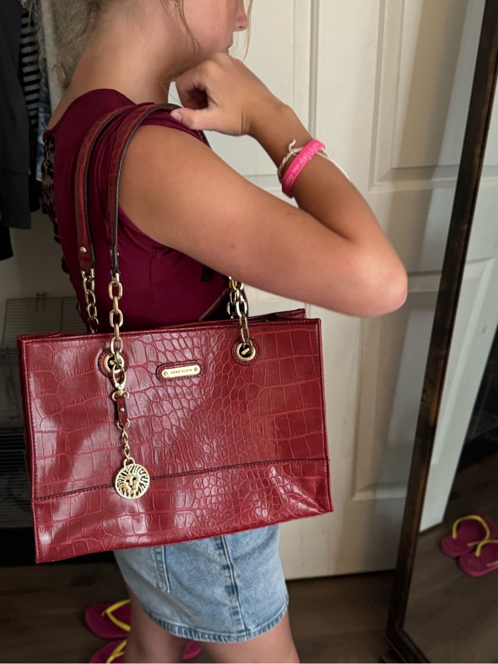 Anne Klein Burgundy Croc-Embossed Tote with Gold Hardware